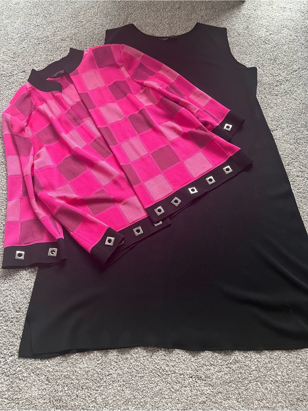 Ming Wang Black Sleeveless Dress with Hot Pink Check Knit Jacket